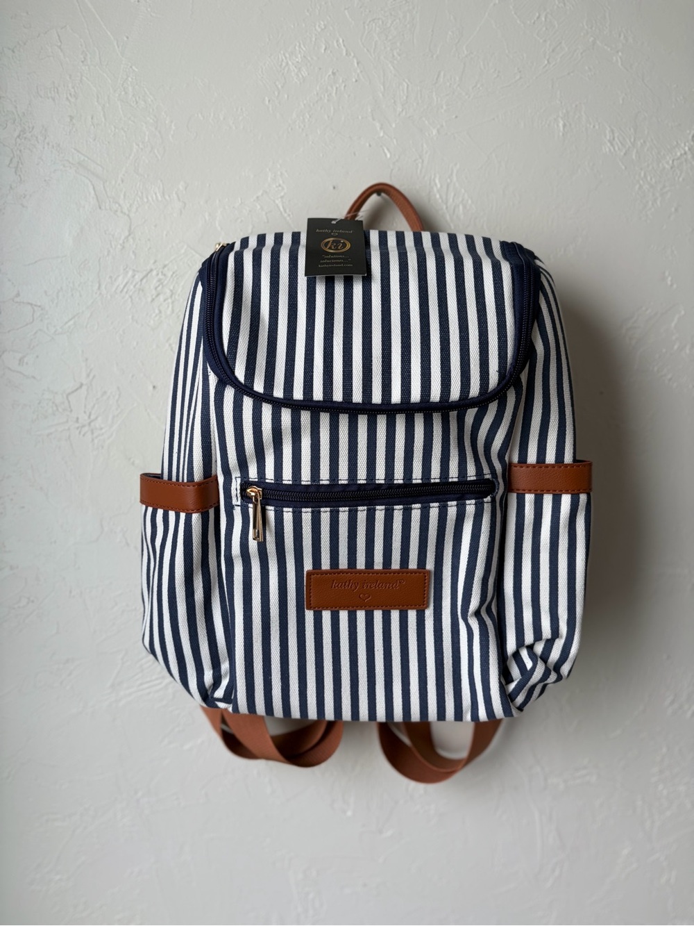 Kathy Ireland Navy White Striped Canvas Backpack Faux Leather Trim NWT - Picture 3 of 10